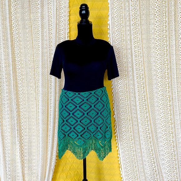 JUDITH MARCH Kelly Green Lace Crochet Fringe Skirt L - Maximalism - Picture 3 of 11